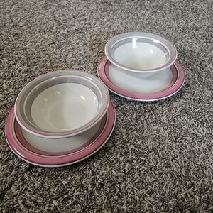 Jmp Chromatics Vintage Stoneware Dinner Plates & Bowls Pink & White (Set Of 2)